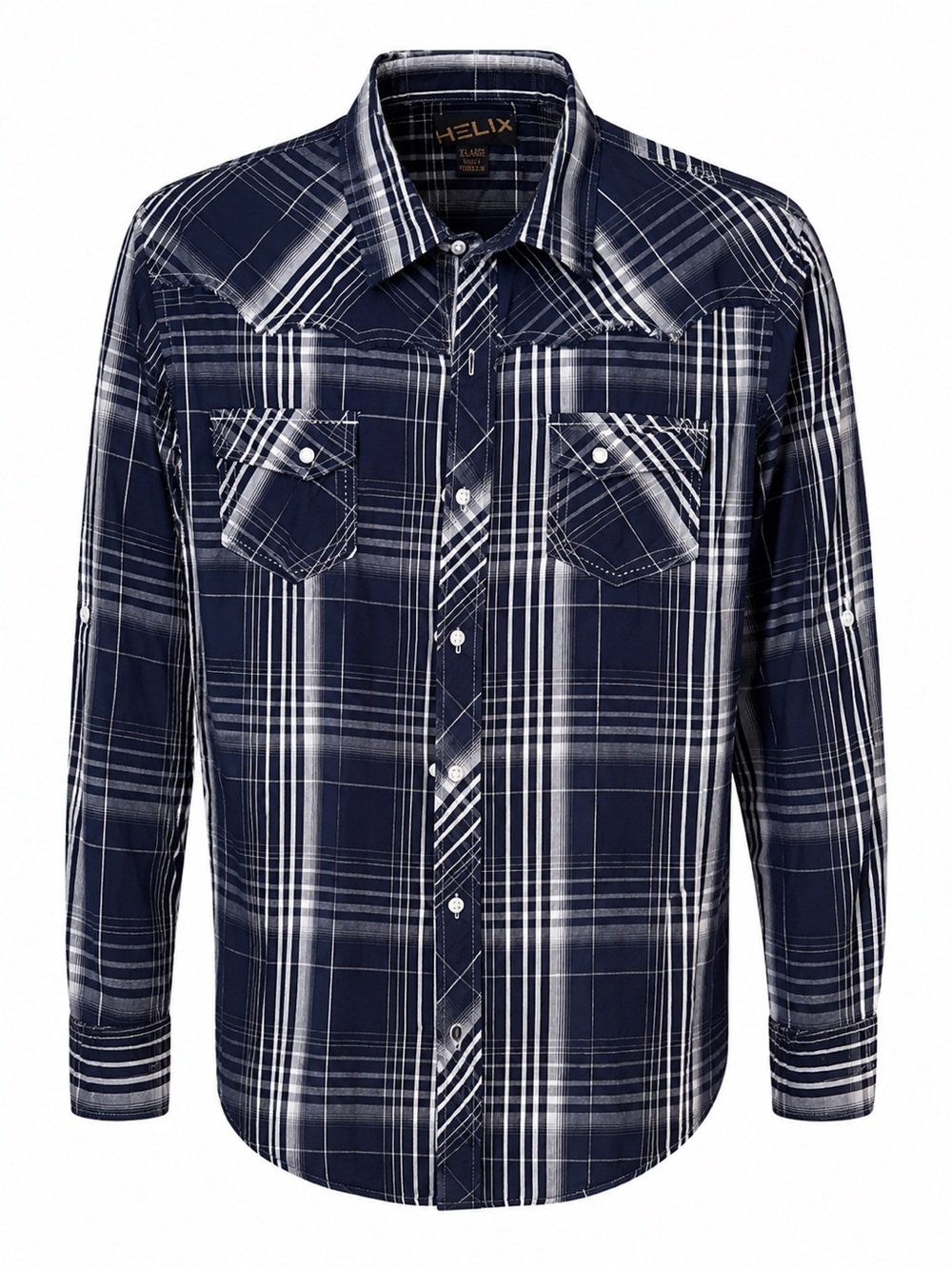 Helix Men’s XL Navy Plaid Western Shirt Pearl Snap Pockets Y2K Cowboy
